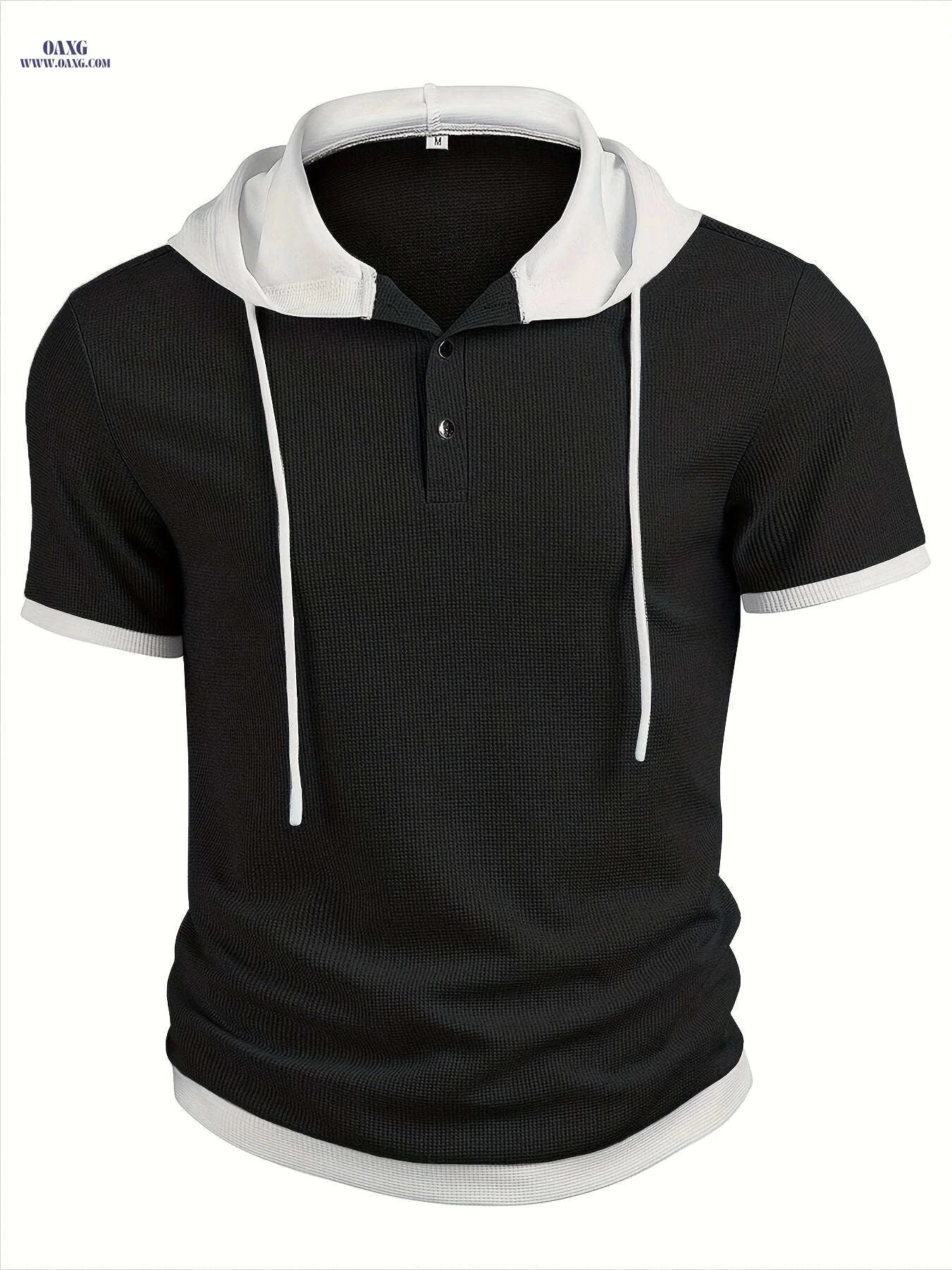 CLQWE Men's Casual Hooded Henley Shirt - Color Block, Short Sleeve   OAXG Silvery Grey / FR S