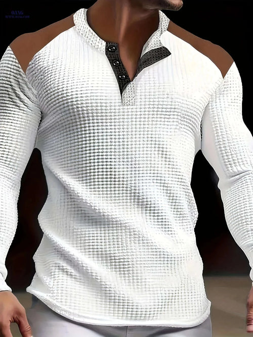 CLQWE Men's Color-Blocked Henley Shirt - Textured Waffle Casual Wear   OAXG White / FR S