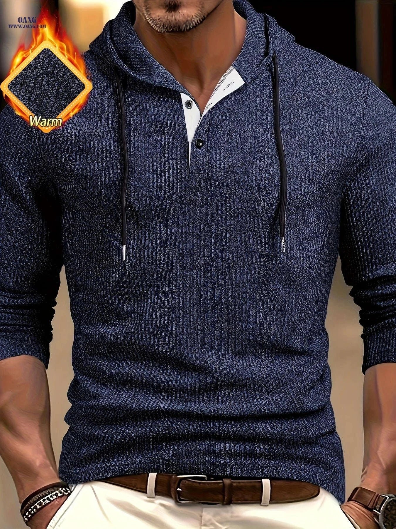 CLQWE Men's Hooded Henley Shirt - Stretch Color Block Design for Casual Wear   OAXG Navy Blue / FR S