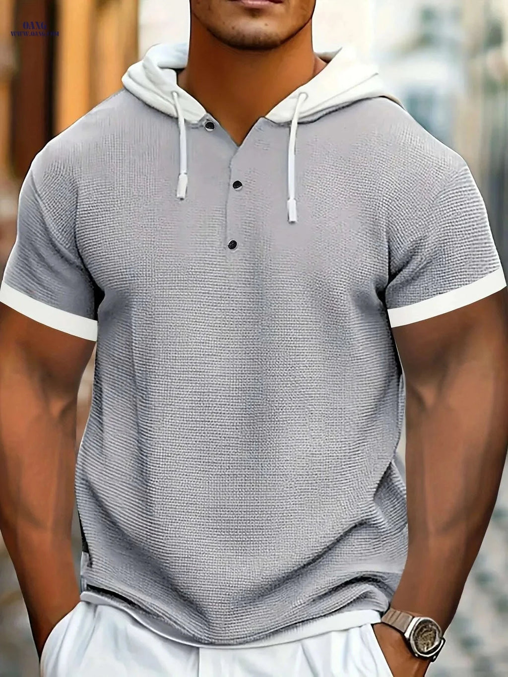 CLQWE Men's Summer Henley Shirt - Breathable Color Block Design   OAXG Silvery Grey / S