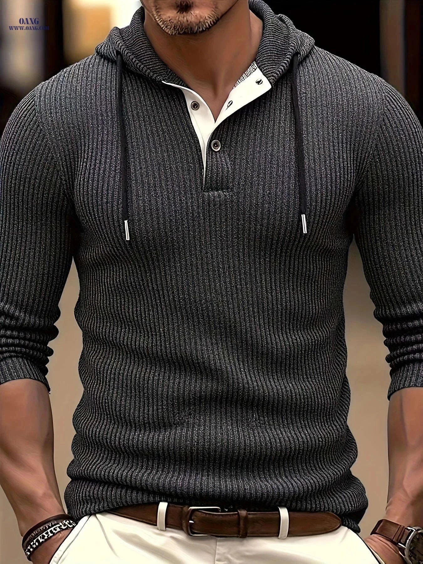 CLQWE Men's Two-Tone Ribbed Hooded Henley Shirt - Casual Fall Style   OAXG 