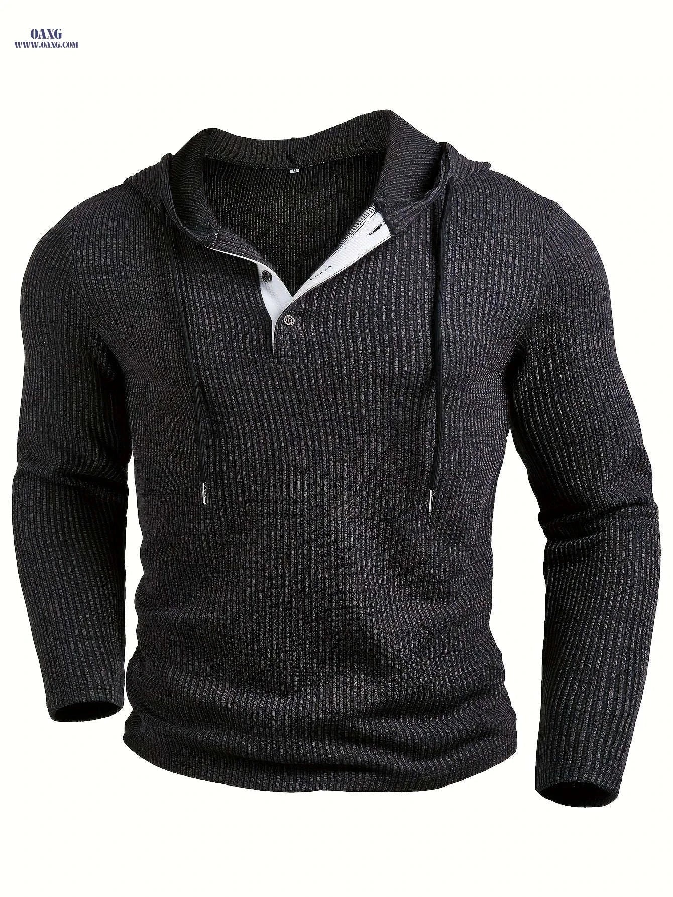 CLQWE Men's Two-Tone Ribbed Hooded Henley Shirt - Casual Fall Style   OAXG Grey / FR S