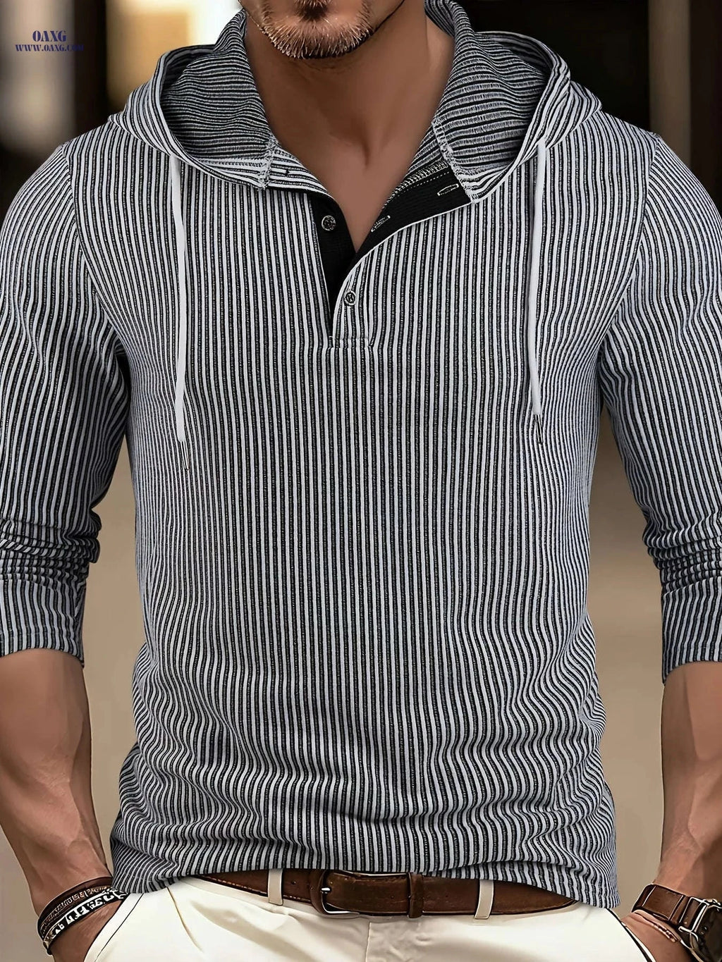 CLQWE Men's Two-Tone Ribbed Hooded Henley Shirt - Casual Fall Style   OAXG Grey / FR S