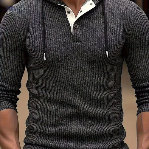 CLQWE Men's Two-Tone Ribbed Hooded Henley Shirt - Casual Fall Style   OAXG 