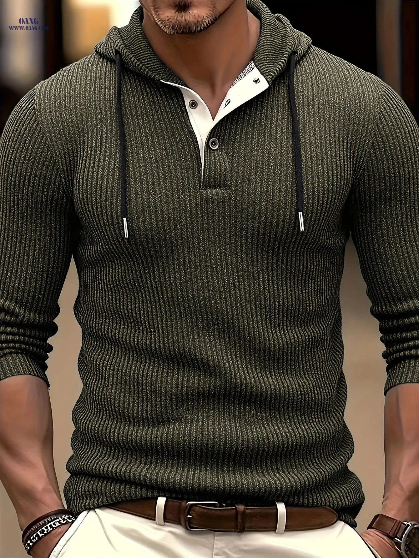 CLQWE Men's Two-Tone Ribbed Hooded Henley Shirt - Casual Fall Style   OAXG 