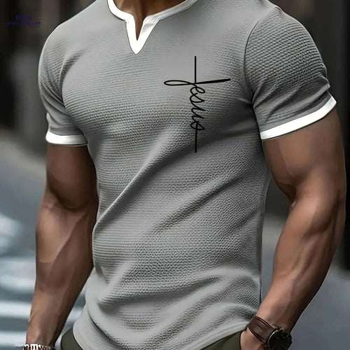 CLQWE Men's V-Neck "FAITH" Waffle Knit T-Shirt - Casual Summer Top   OAXG 
