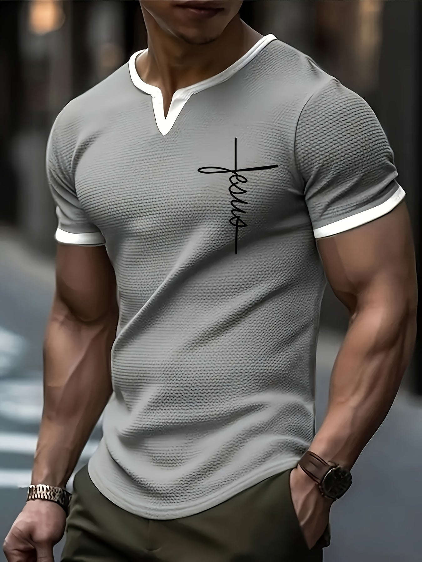 CLQWE Men's V-Neck "FAITH" Waffle Knit T-Shirt - Casual Summer Top   OAXG Grey / FR S