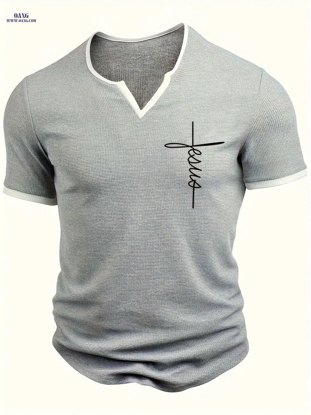 CLQWE Men's V-Neck "FAITH" Waffle Knit T-Shirt - Casual Summer Top   OAXG Grey / FR S