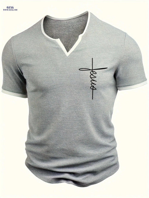 CLQWE Men's V-Neck "FAITH" Waffle Knit T-Shirt - Casual Summer Top   OAXG Grey / FR S
