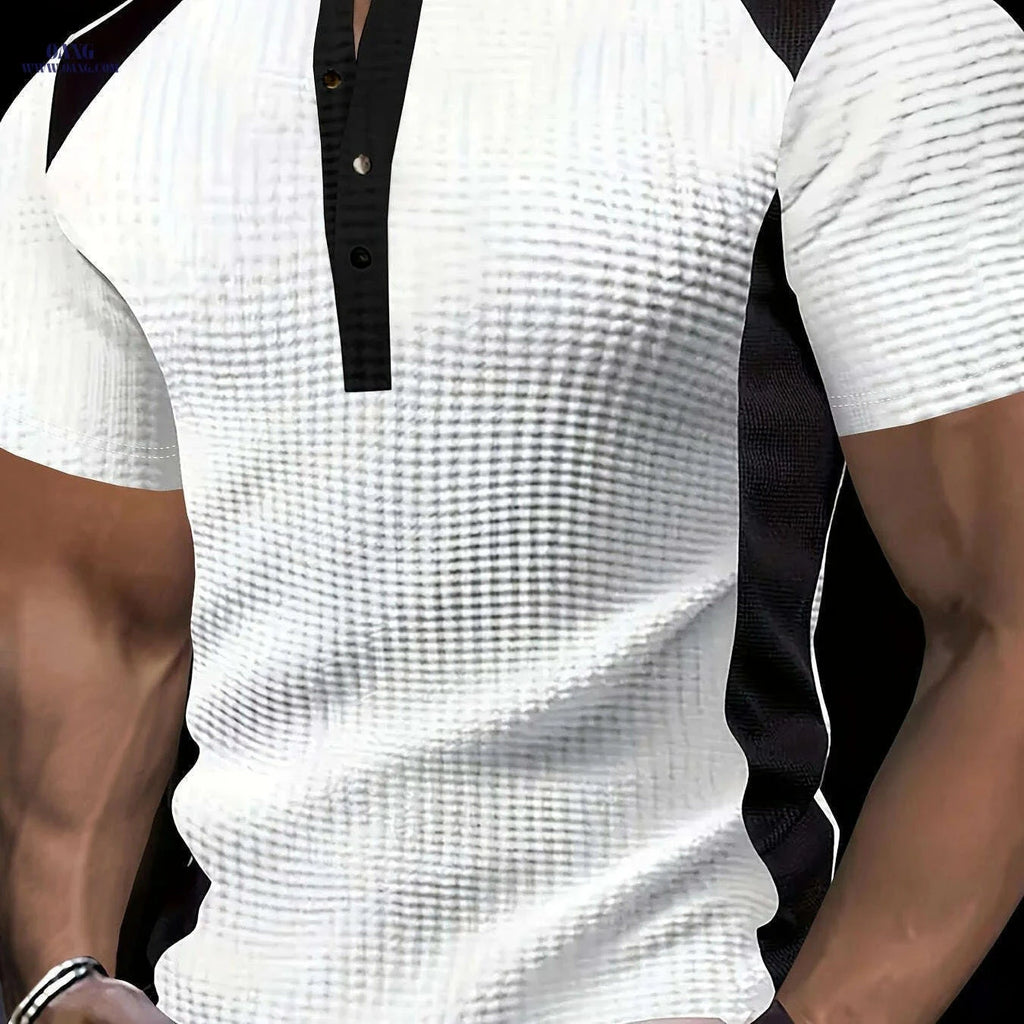 CLQWE Men's Waffle-Knit Henley Shirt - Color Block, Short Sleeves   OAXG 