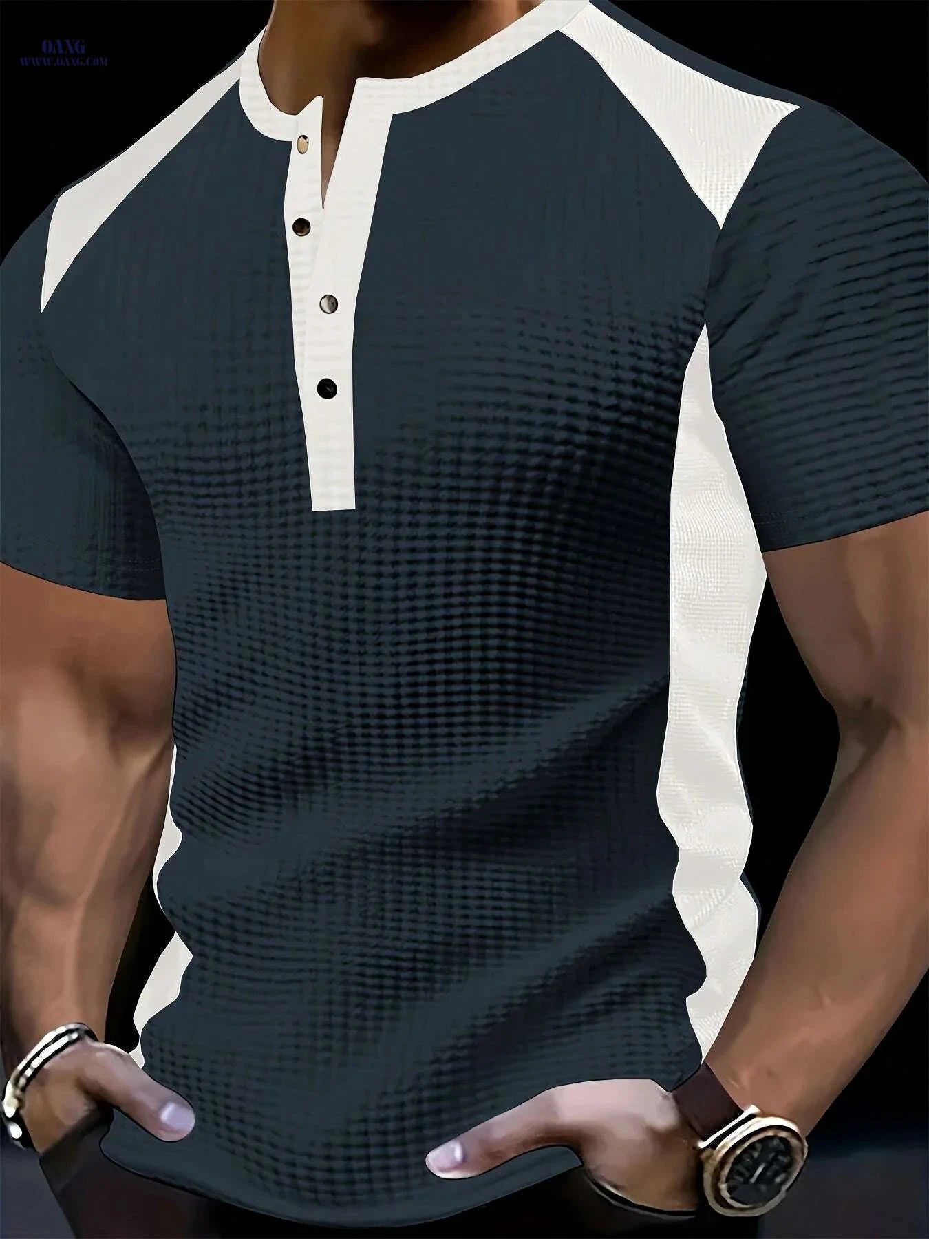 CLQWE Men's Waffle-Knit Henley Shirt - Color Block, Short Sleeves   OAXG White / S