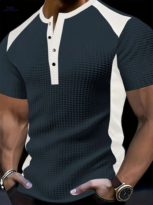 CLQWE Men's Waffle-Knit Henley Shirt - Color Block, Short Sleeves   OAXG White / S