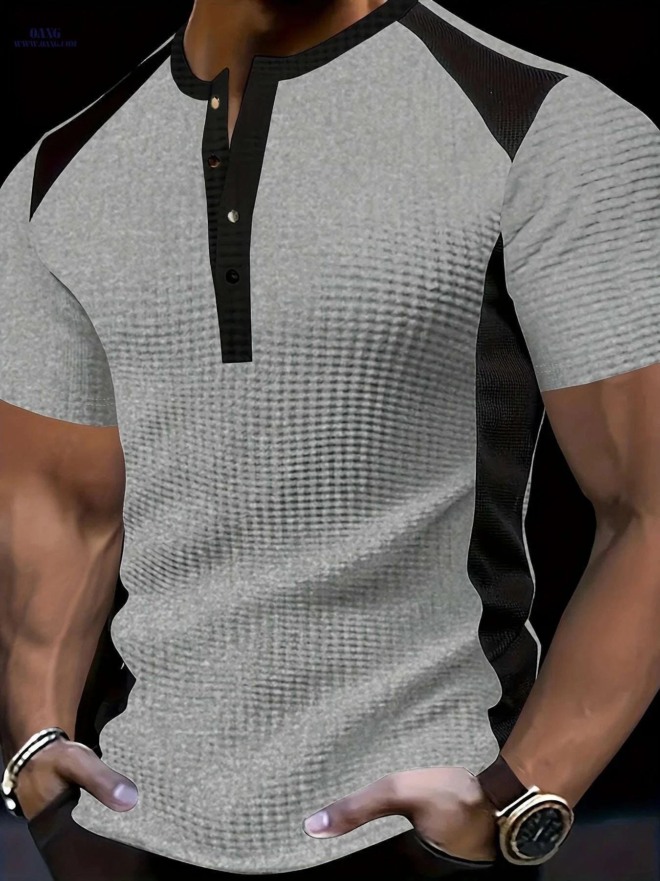 CLQWE Men's Waffle-Knit Henley Shirt - Color Block, Short Sleeves   OAXG White / S