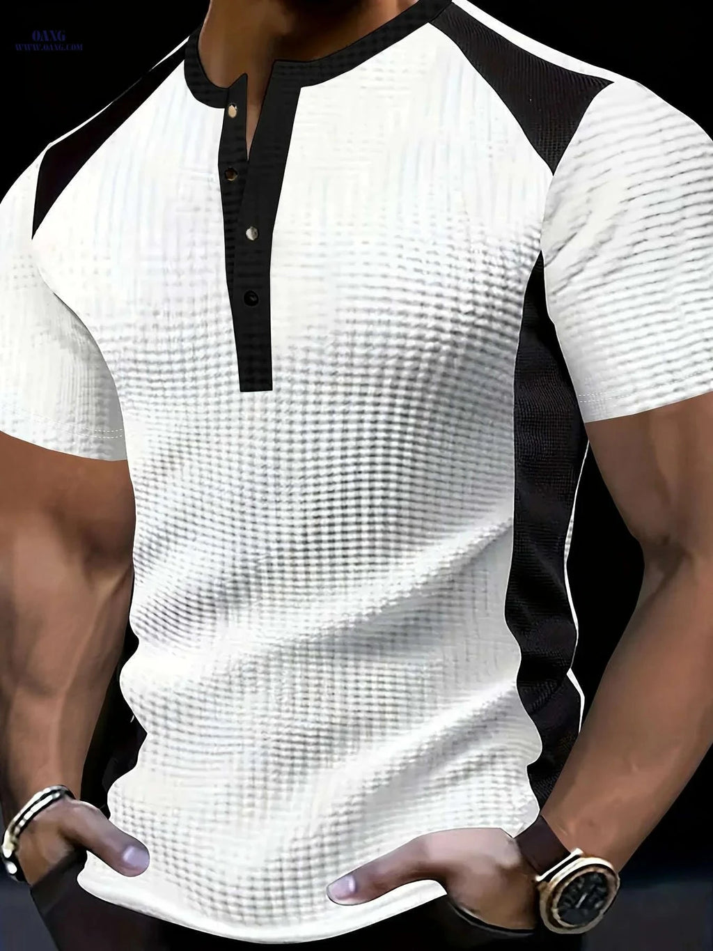 CLQWE Men's Waffle-Knit Henley Shirt - Color Block, Short Sleeves   OAXG White / S