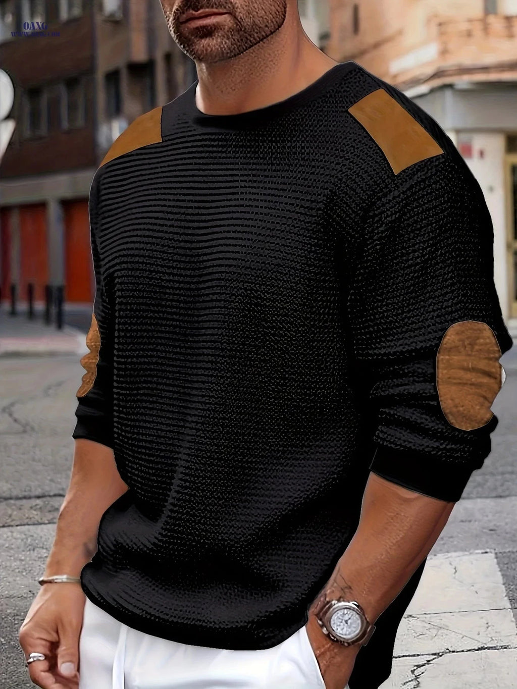 CLQWE Men's Waffle Knit Sweatshirt - Color Block with Patches   OAXG 