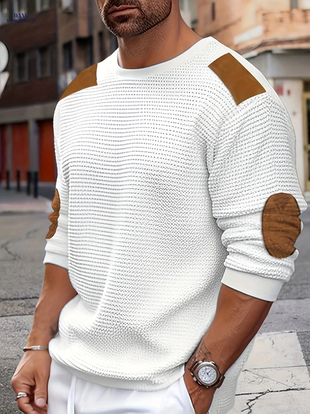 CLQWE Men's Waffle Knit Sweatshirt - Color Block with Patches   OAXG 