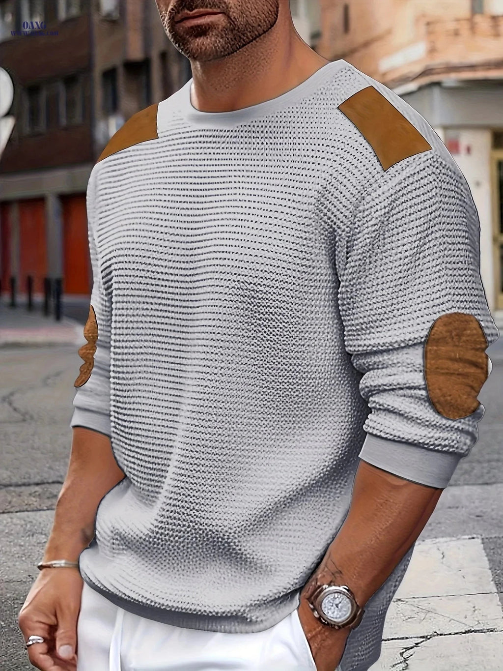 CLQWE Men's Waffle Knit Sweatshirt - Color Block with Patches   OAXG White / FR S