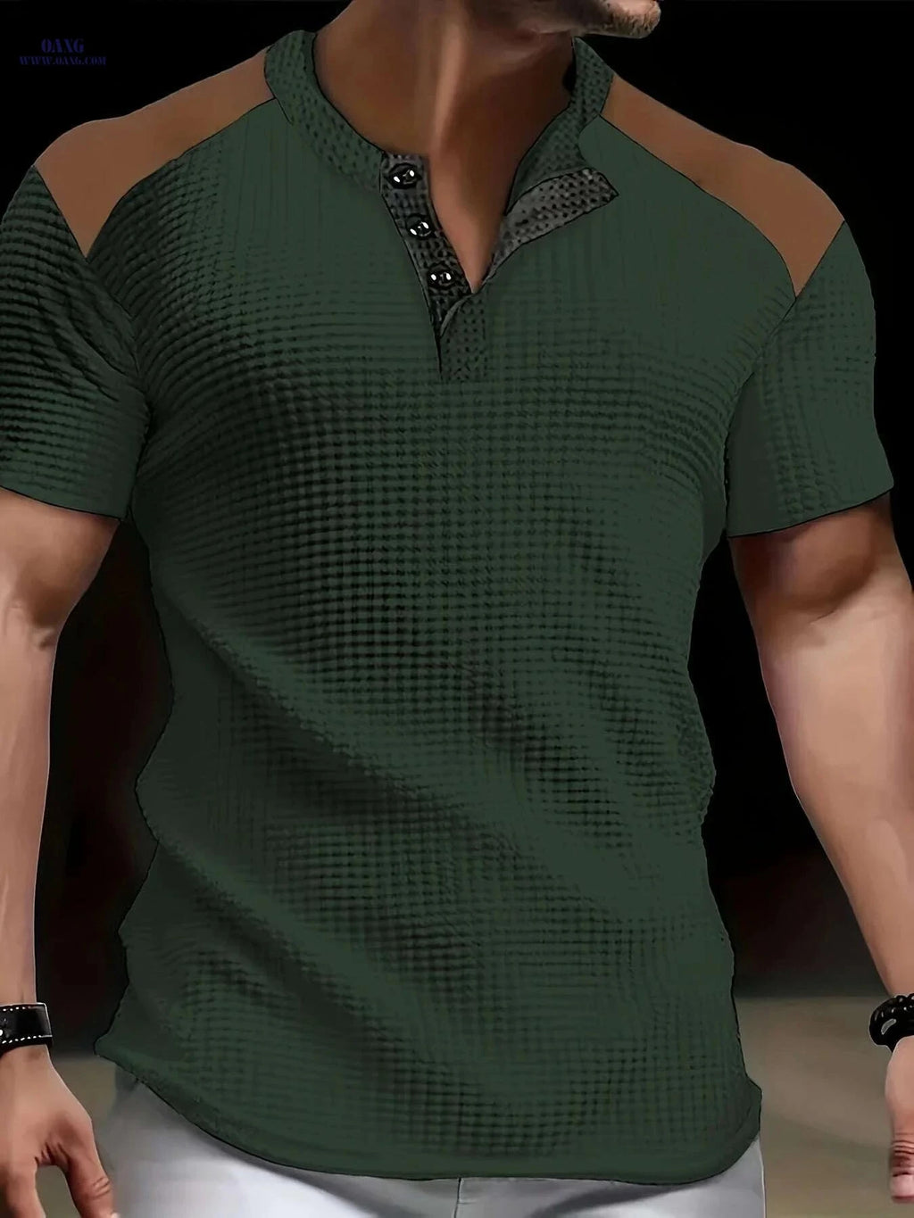 CLQWE Men's Waffle Texture Henley Shirt - Casual Summer Short Sleeve   OAXG 