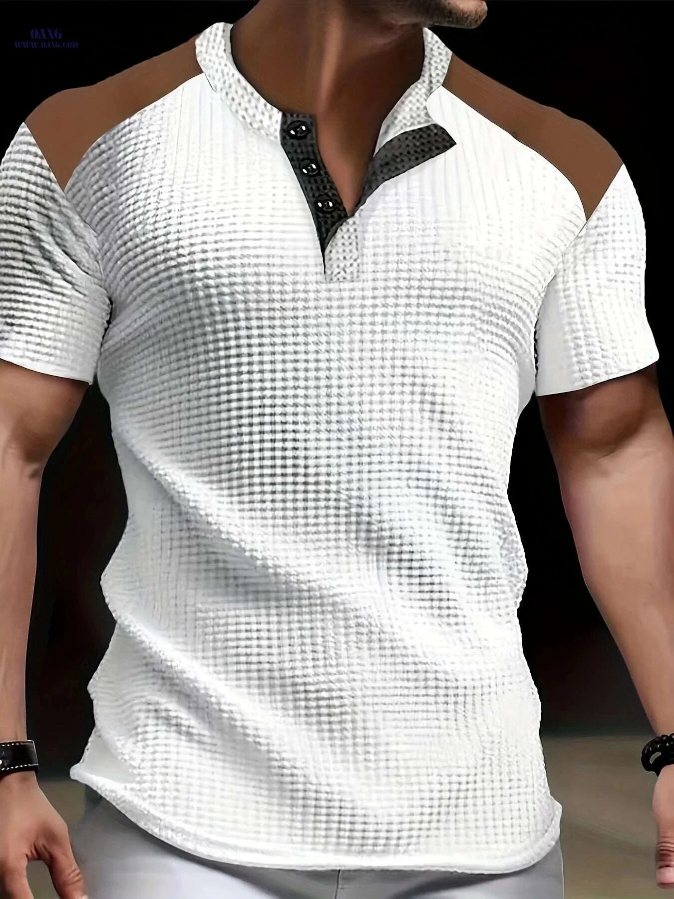 CLQWE Men's Waffle Texture Henley Shirt - Casual Summer Short Sleeve   OAXG White / S