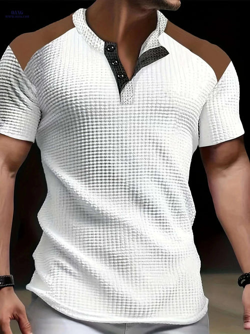 CLQWE Men's Waffle Texture Henley Shirt - Casual Summer Short Sleeve   OAXG White / S