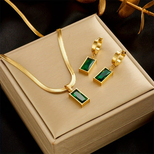 Collier et Boucles d'Oreilles en Acier Inoxydable avec Zircon Vert   OAXG 