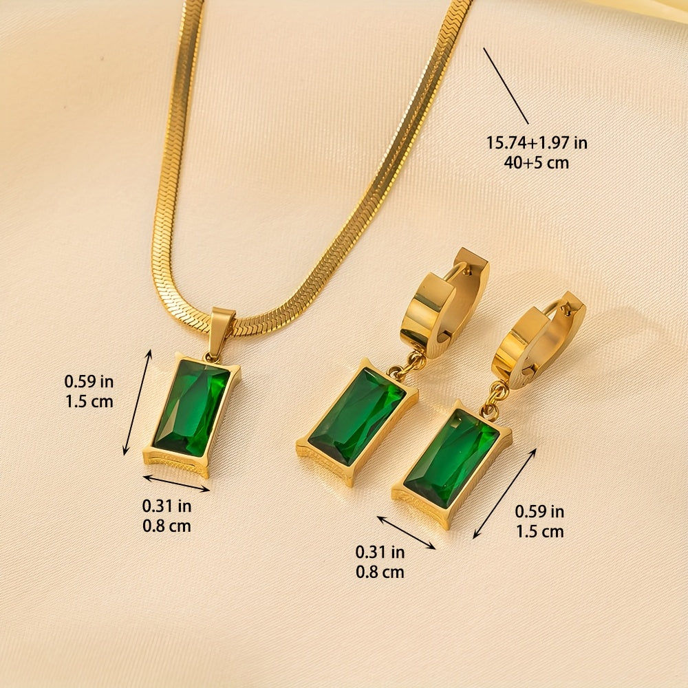 Collier et Boucles d'Oreilles en Acier Inoxydable avec Zircon Vert   OAXG Green