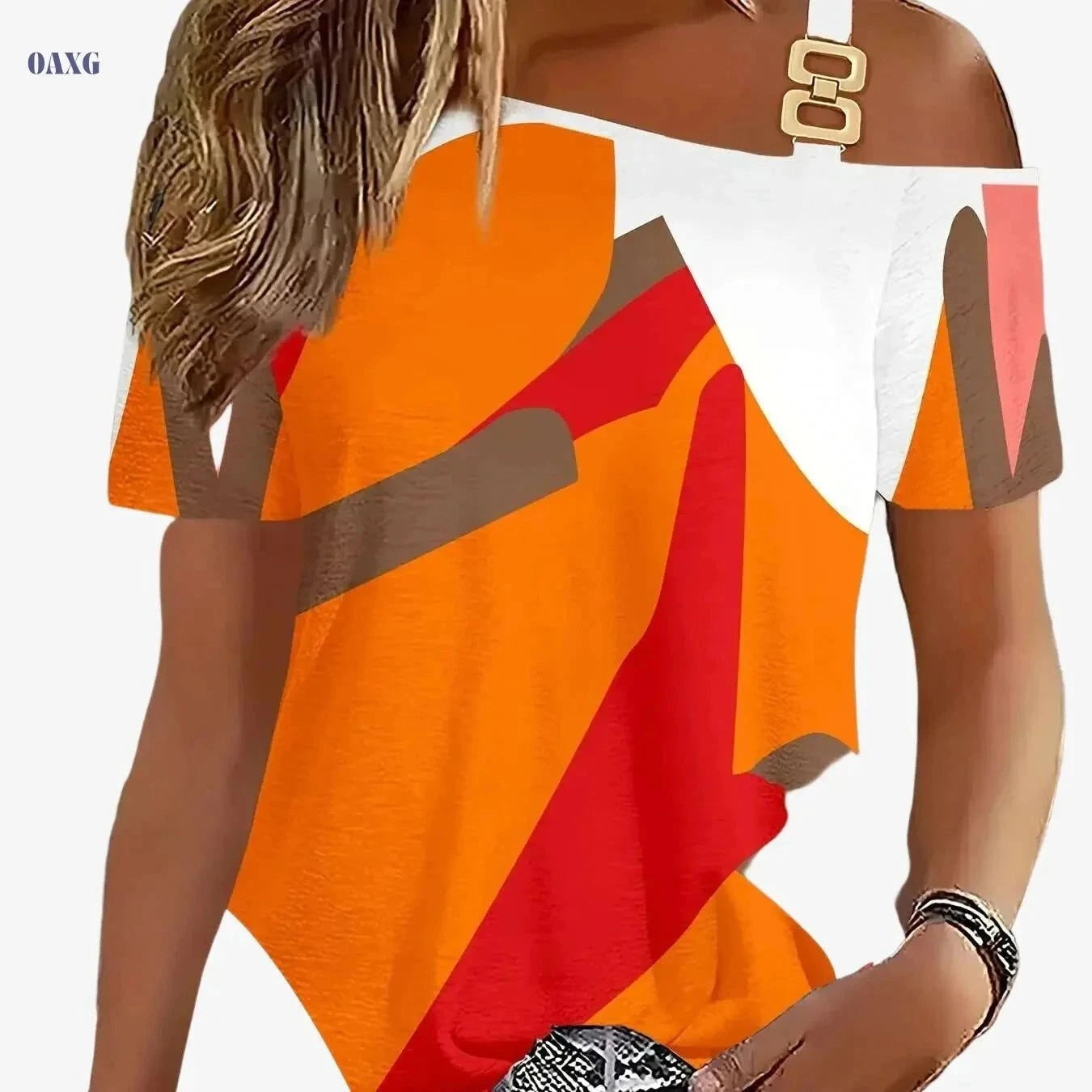Color Block Asymmetric Neck T-Shirt - Casual Summer Women's Top   OAXG Orange / S