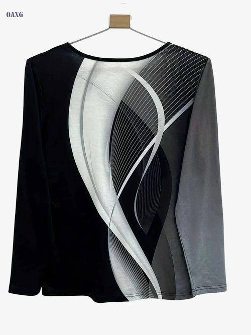 Color Block Notch Neck T-Shirt - Casual Long Sleeve Women's Top   OAXG Mixed Color / S