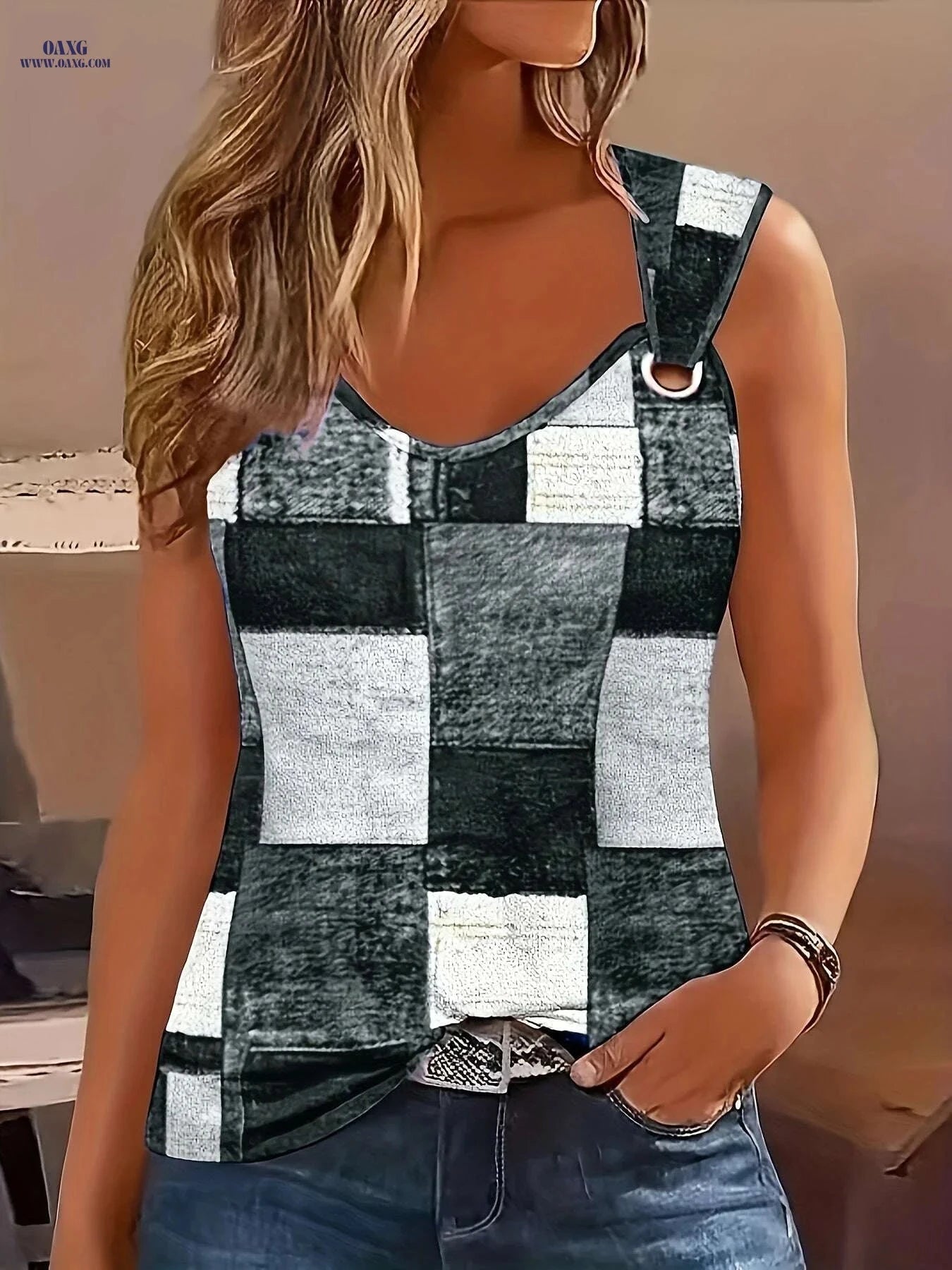 Colorblock Patchwork Tank Top - Casual Summer Women's V-neck Style   OAXG Blue / S