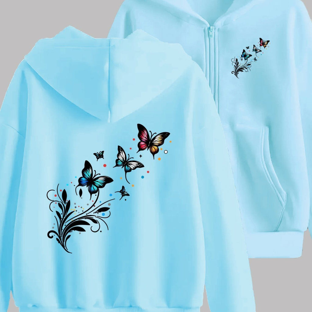 Colorful Butterfly And Floral Pattern Vibrant Elegant Design Front And Back 2 Patterns Printed - Y2K Casual Style Zip-Up Hoodie with Hood - Fashionable And Comfortable Zip-Up Jacket - All-Season Casual Athletic Wear Casual Athletic Wear Fashion
