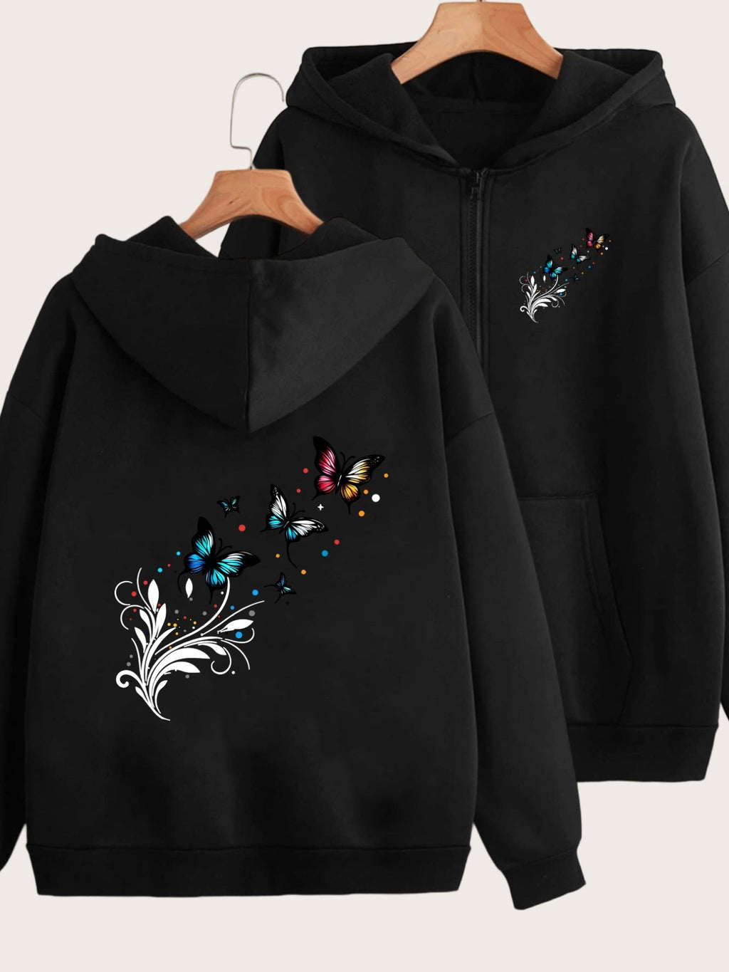 Colorful Butterfly And Floral Pattern Vibrant Elegant Design Front And Back 2 Patterns Printed - Y2K Casual Style Zip-Up Hoodie with Hood - Fashionable And Comfortable Zip-Up Jacket - All-Season Casual Athletic Wear Casual Athletic Wear Fashion