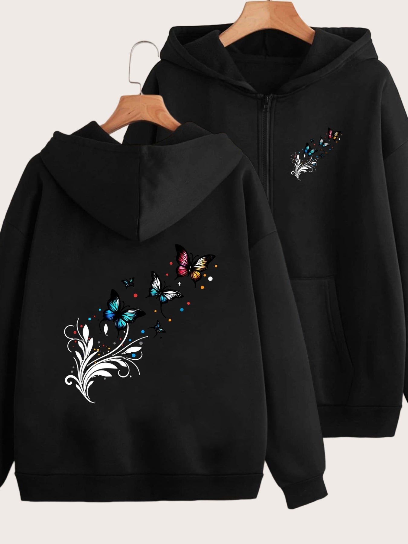 Colorful Butterfly And Floral Pattern Vibrant Elegant Design Front And Back 2 Patterns Printed - Y2K Casual Style Zip-Up Hoodie with Hood - Fashionable And Comfortable Zip-Up Jacket - All-Season Casual Athletic Wear Casual Athletic Wear Fashion