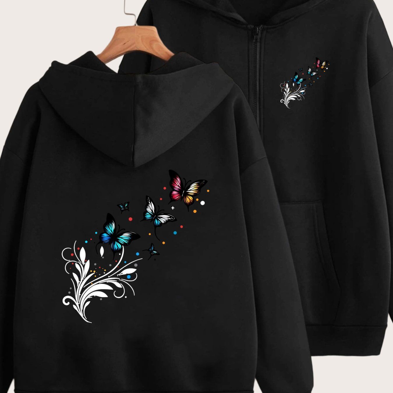 Colorful Butterfly And Floral Pattern Vibrant Elegant Design Front And Back 2 Patterns Printed - Y2K Casual Style Zip-Up Hoodie with Hood - Fashionable And Comfortable Zip-Up Jacket - All-Season Casual Athletic Wear Casual Athletic Wear Fashion