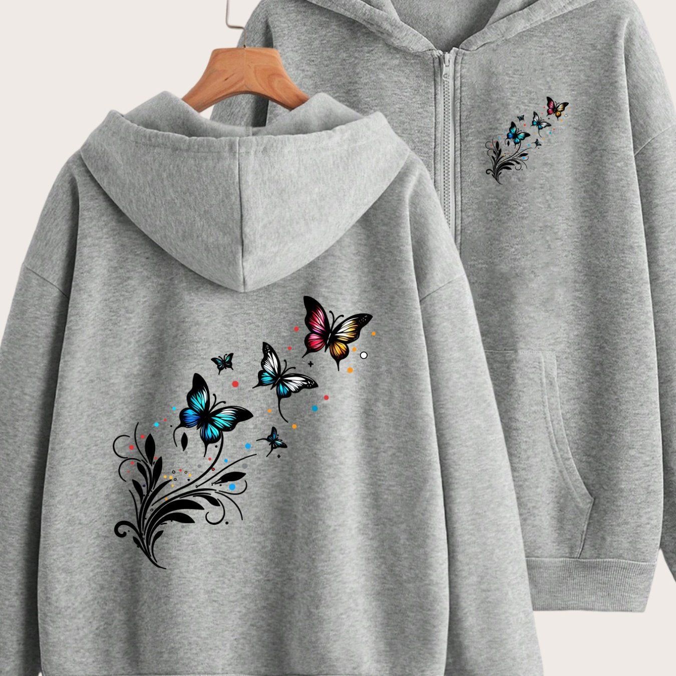 Colorful Butterfly And Floral Pattern Vibrant Elegant Design Front And Back 2 Patterns Printed - Y2K Casual Style Zip-Up Hoodie with Hood - Fashionable And Comfortable Zip-Up Jacket - All-Season Casual Athletic Wear Casual Athletic Wear Fashion