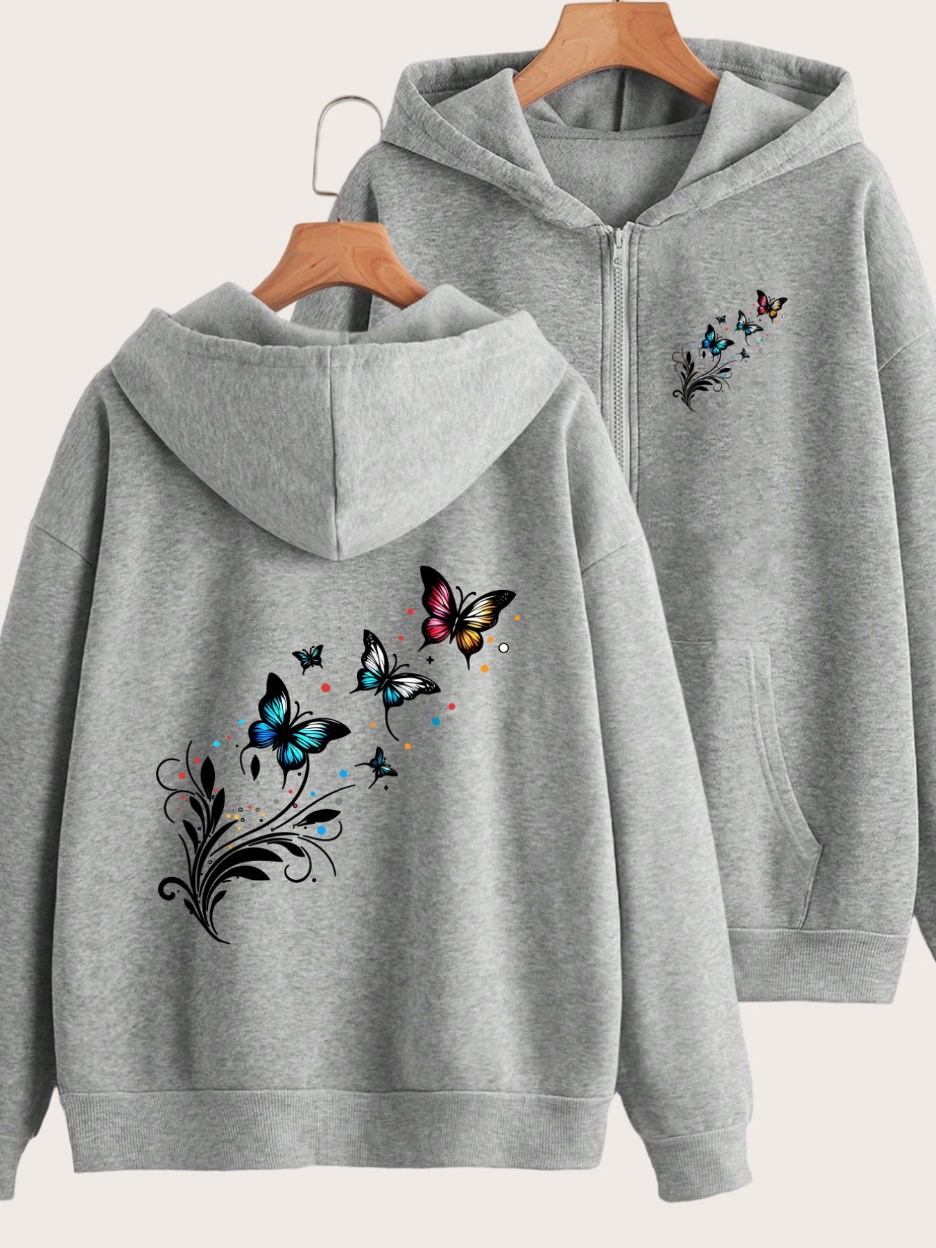 Colorful Butterfly And Floral Pattern Vibrant Elegant Design Front And Back 2 Patterns Printed - Y2K Casual Style Zip-Up Hoodie with Hood - Fashionable And Comfortable Zip-Up Jacket - All-Season Casual Athletic Wear Casual Athletic Wear Fashion