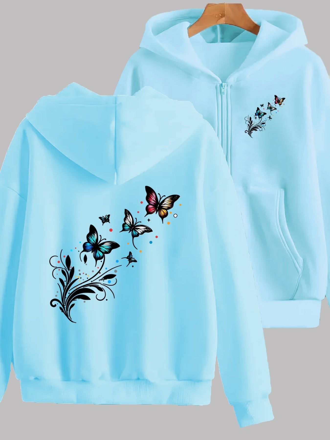 Colorful Butterfly And Floral Pattern Vibrant Elegant Design Front And Back 2 Patterns Printed - Y2K Casual Style Zip-Up Hoodie with Hood - Fashionable And Comfortable Zip-Up Jacket - All-Season Casual Athletic Wear Casual Athletic Wear Fashion