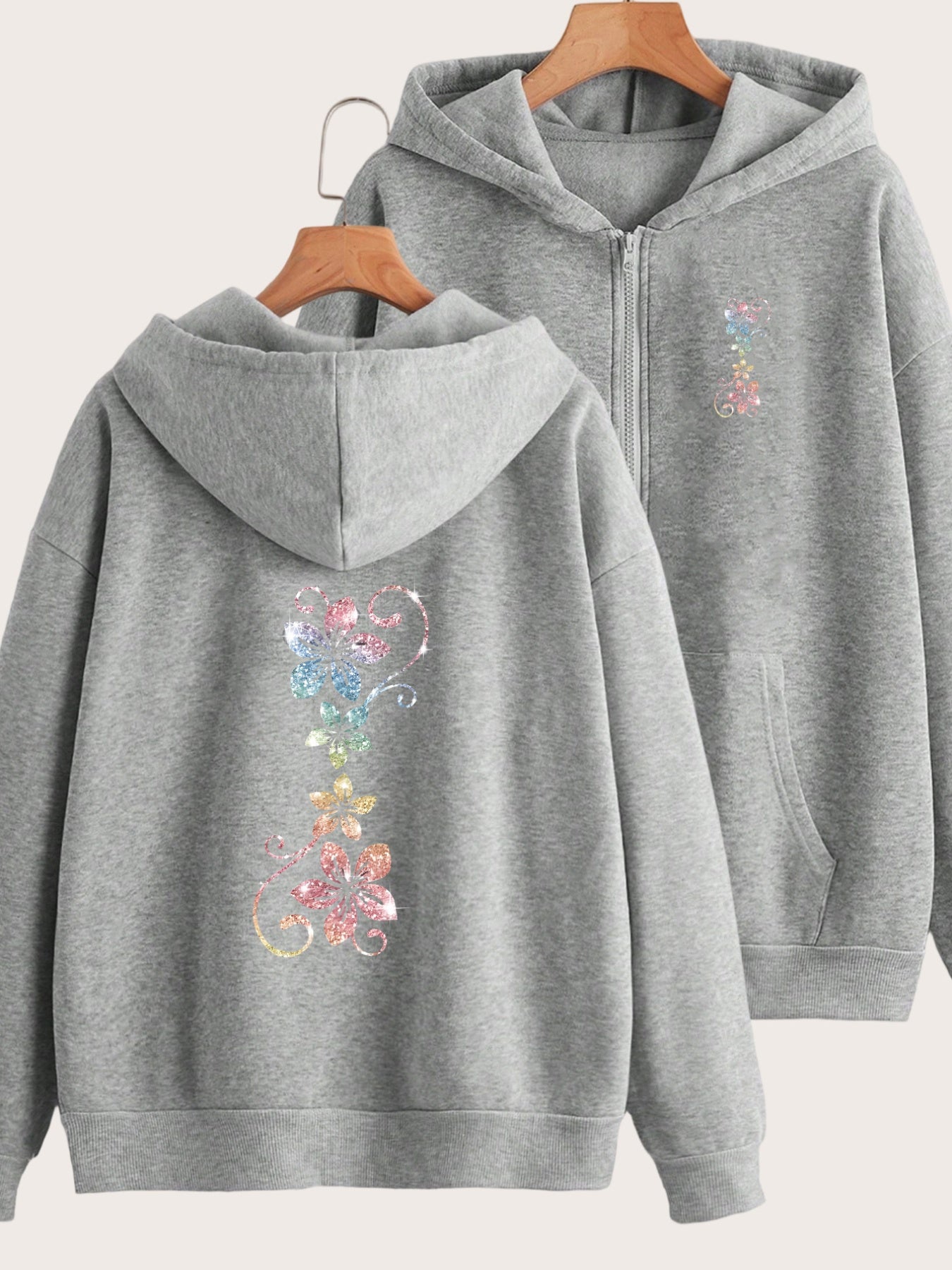 Colorful Floral Patterns Shine Design Highlights Front And Back 2 Pattern Prints - Y2K Casual Style Zipper Hoodie - Stylish And Comfortable Zipper Jacket - Casual Sportswear Casual Sportswear Fashion Casual Jacket Suitable for All Seasons |