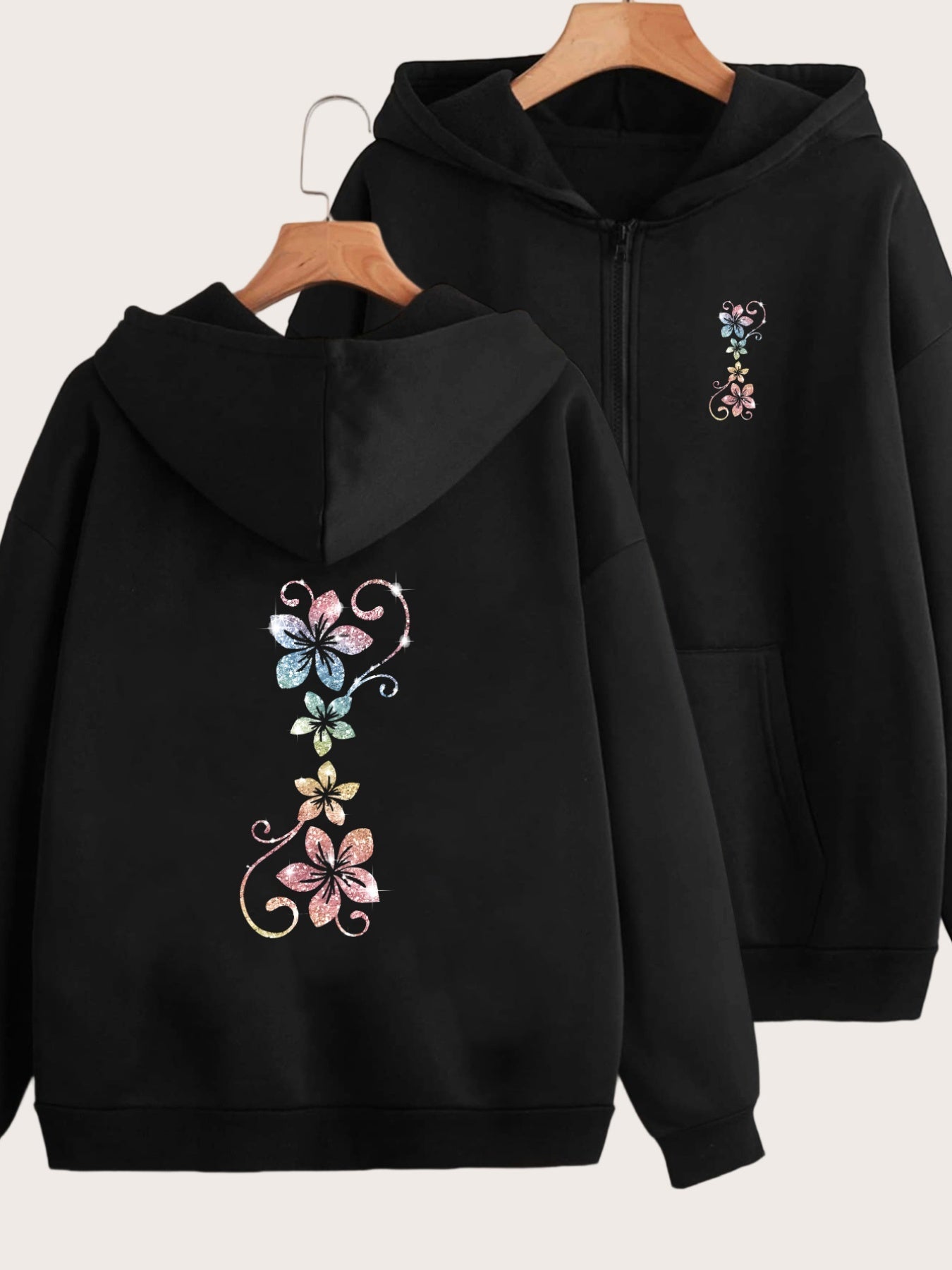 Colorful Floral Patterns Shine Design Highlights Front And Back 2 Pattern Prints - Y2K Casual Style Zipper Hoodie - Stylish And Comfortable Zipper Jacket - Casual Sportswear Casual Sportswear Fashion Casual Jacket Suitable for All Seasons |