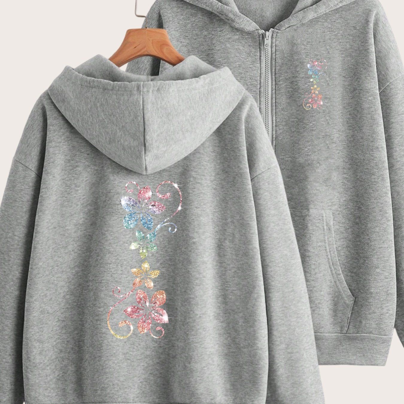 Colorful Floral Patterns Shine Design Highlights Front And Back 2 Pattern Prints - Y2K Casual Style Zipper Hoodie - Stylish And Comfortable Zipper Jacket - Casual Sportswear Casual Sportswear Fashion Casual Jacket Suitable for All Seasons |
