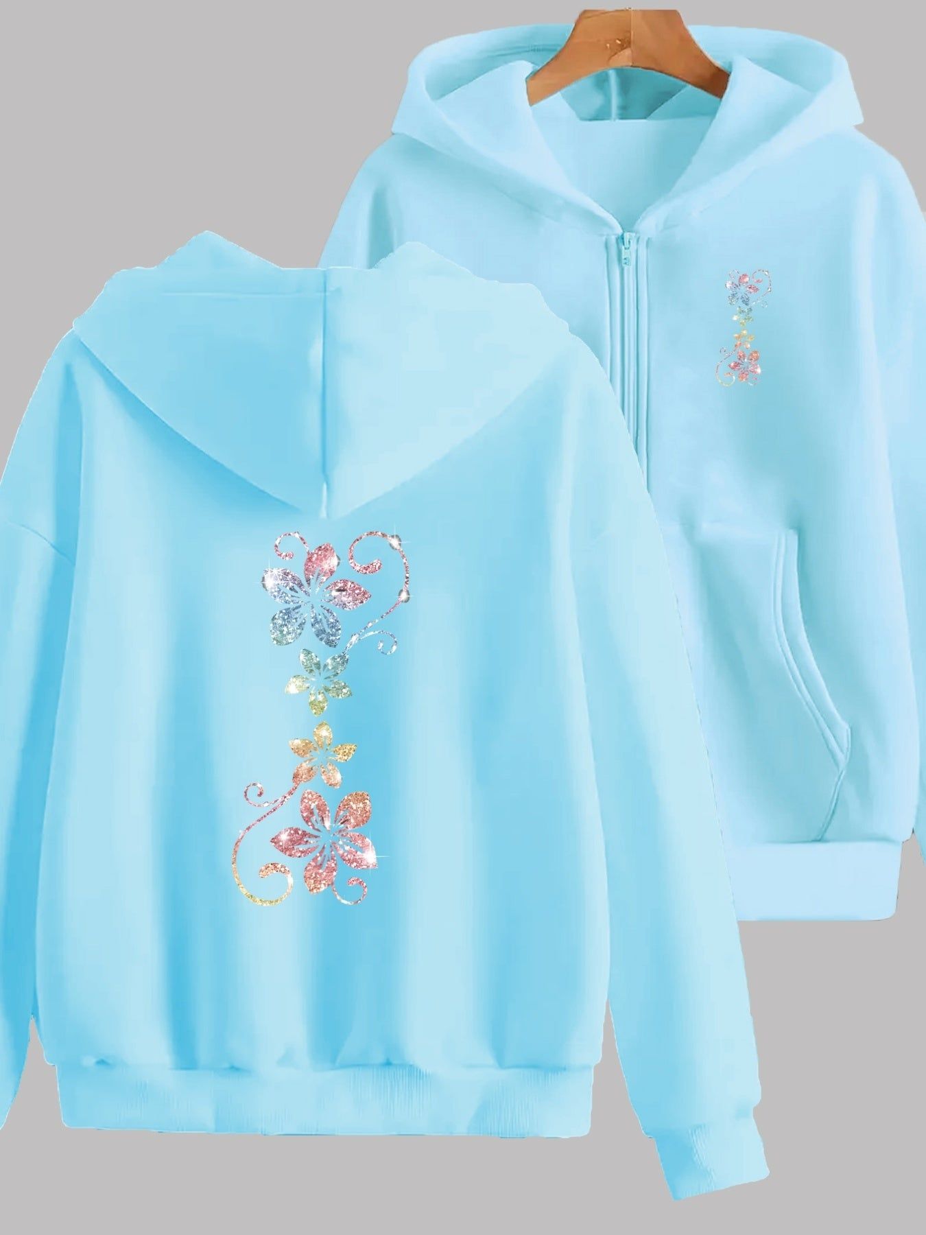 Colorful Floral Patterns Shine Design Highlights Front And Back 2 Pattern Prints - Y2K Casual Style Zipper Hoodie - Stylish And Comfortable Zipper Jacket - Casual Sportswear Casual Sportswear Fashion Casual Jacket Suitable for All Seasons |
