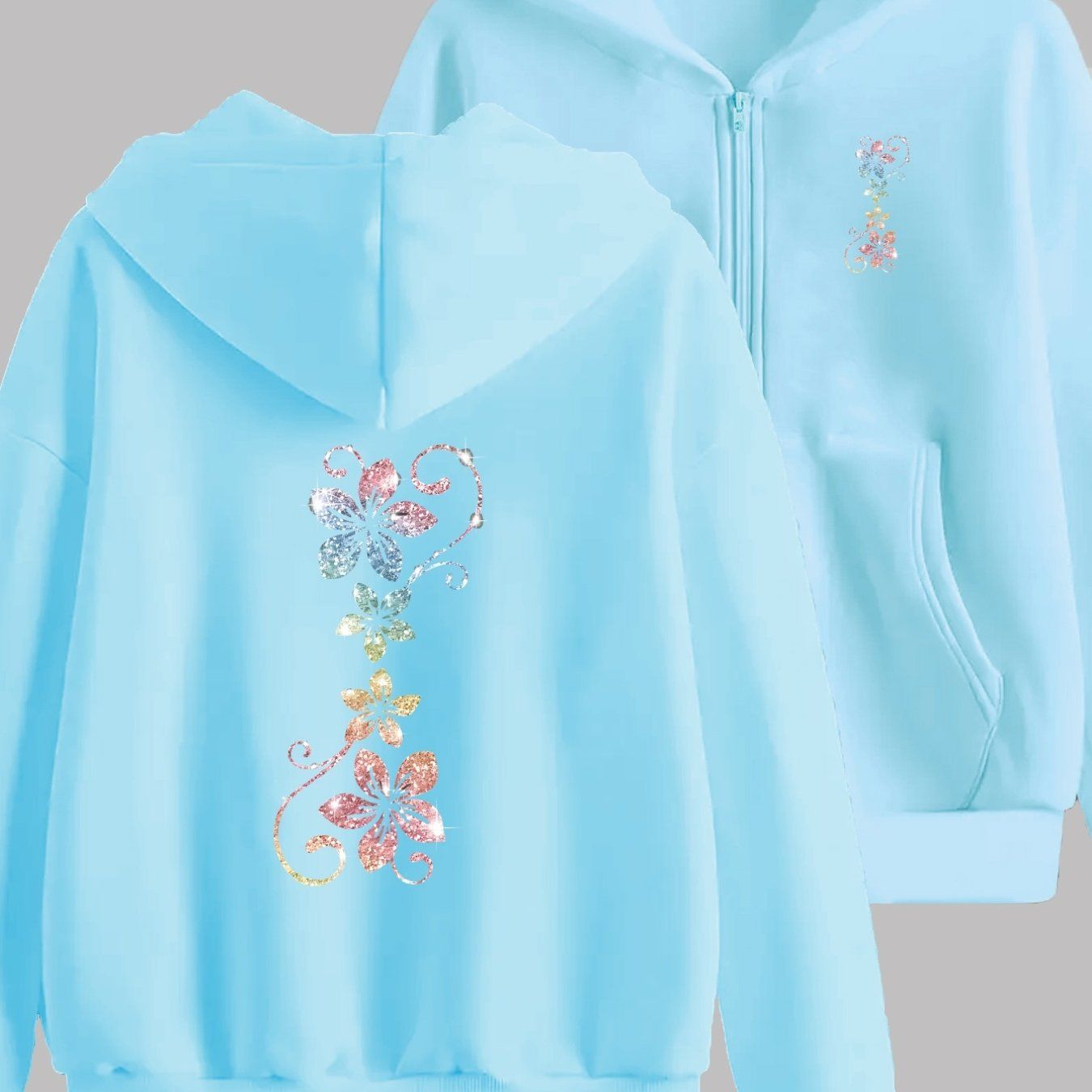 Colorful Floral Patterns Shine Design Highlights Front And Back 2 Pattern Prints - Y2K Casual Style Zipper Hoodie - Stylish And Comfortable Zipper Jacket - Casual Sportswear Casual Sportswear Fashion Casual Jacket Suitable for All Seasons |