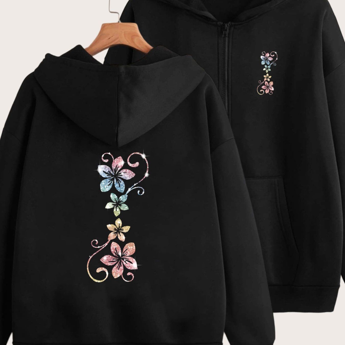 Colorful Floral Patterns Shine Design Highlights Front And Back 2 Pattern Prints - Y2K Casual Style Zipper Hoodie - Stylish And Comfortable Zipper Jacket - Casual Sportswear Casual Sportswear Fashion Casual Jacket Suitable for All Seasons |