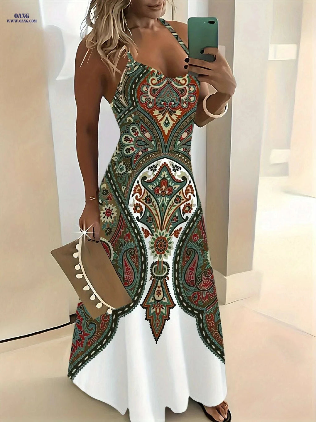 Colorful Paisley Floral Summer Sling Dress - Round Neck Style   OAXG 