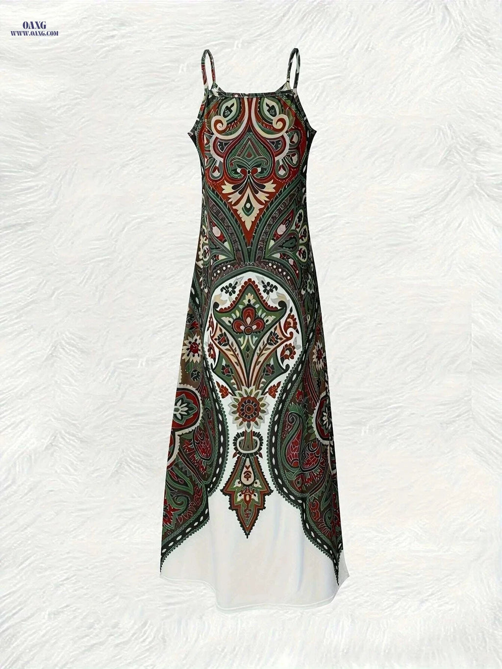 Colorful Paisley Floral Summer Sling Dress - Round Neck Style   OAXG Olive Green / S