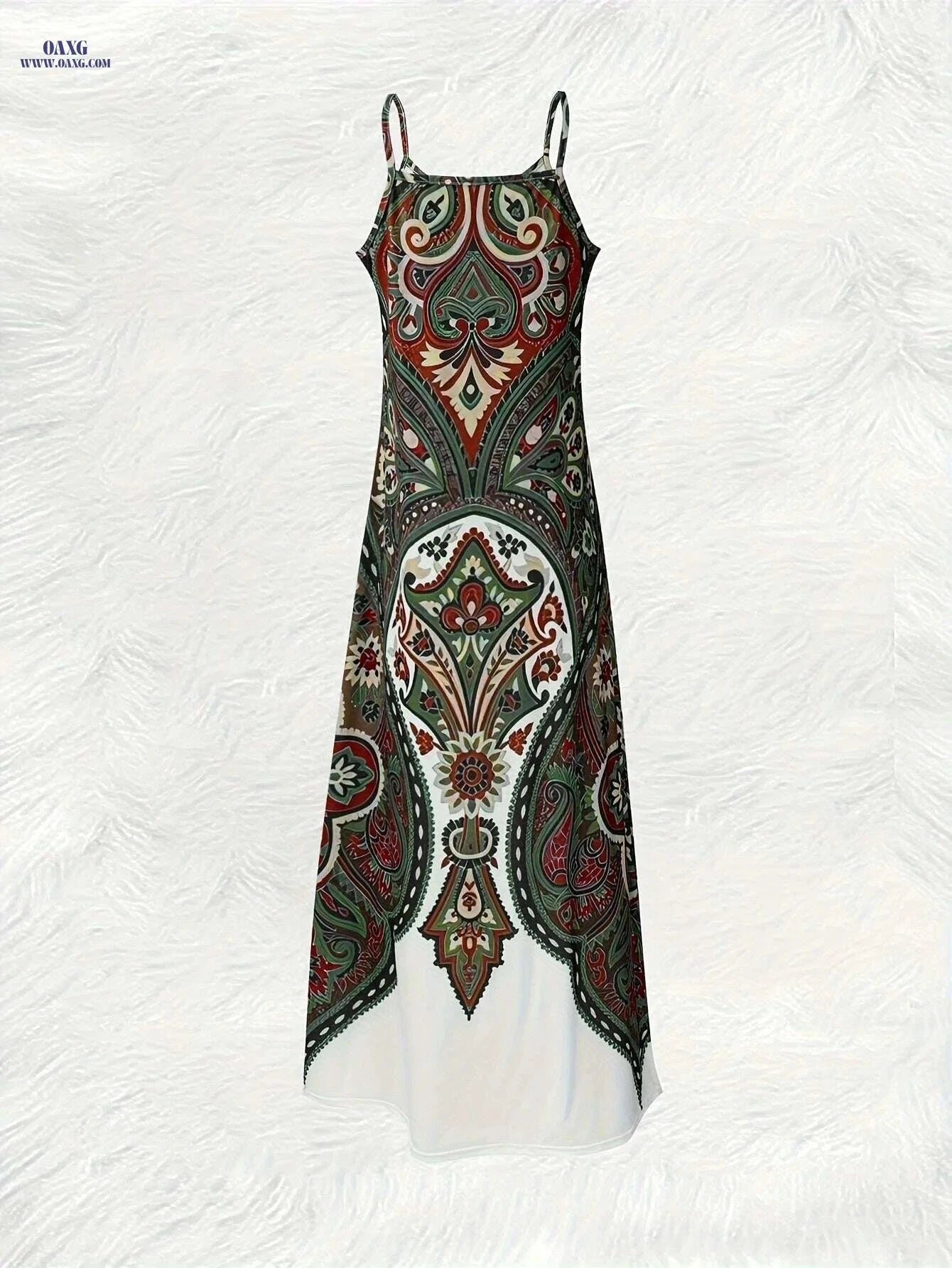 Colorful Paisley Floral Summer Sling Dress - Round Neck Style   OAXG Olive Green / S