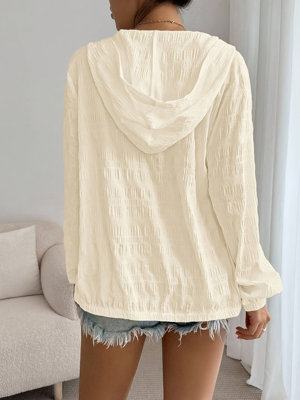 Comfortable and Cozy | Women's Lightweight White Hooded Jacket - Casual Pleated Design, Zipper Closure, Long Sleeves, Polyester Fiber, Machine Washable - Versatile Sun-Protective Outerwear for All Seasons   OAXG Apricot / XS