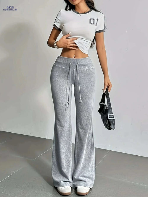 Comfortable High-Waisted Flare Leg Joggers - Women's Light Gray Pants   OAXG grey / S