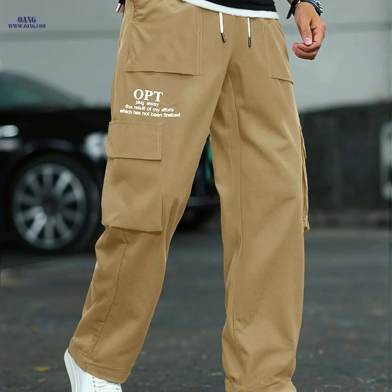 Comfortable Men's Cargo Pants - Brown, Drawstring Waist & Pockets   OAXG Black / XS