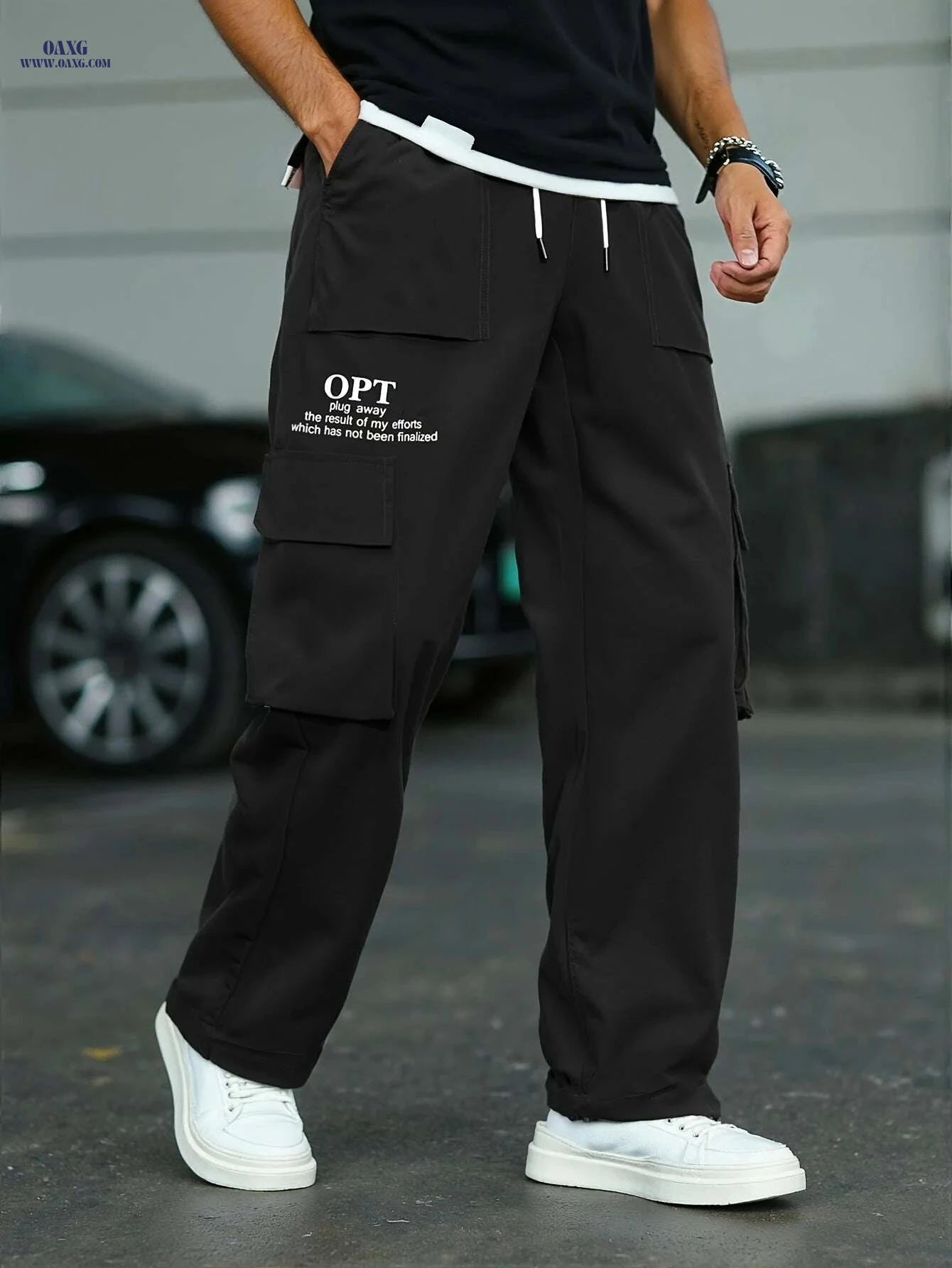 Comfortable Men's Cargo Pants - Brown, Drawstring Waist & Pockets   OAXG Black / XS