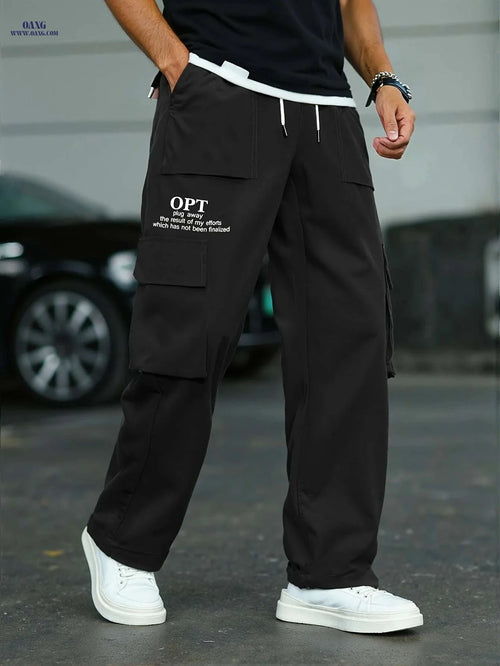 Comfortable Men's Cargo Pants - Brown, Drawstring Waist & Pockets   OAXG Black / XS